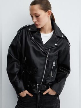 Mango Faux-Leather Oversized Biker Jacket - Black - XXL